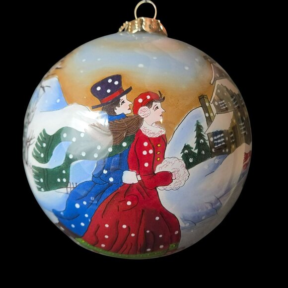 Inside Painted Glass Christmas Ornament Winter Village Scene Skaters Signed 3" - Picture 2 of 9